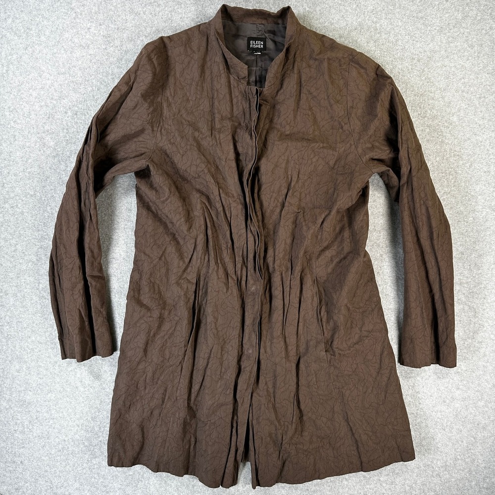 Eileen Fisher Brown Linen Jacket Blazer Size M Italian Fabric Open Front